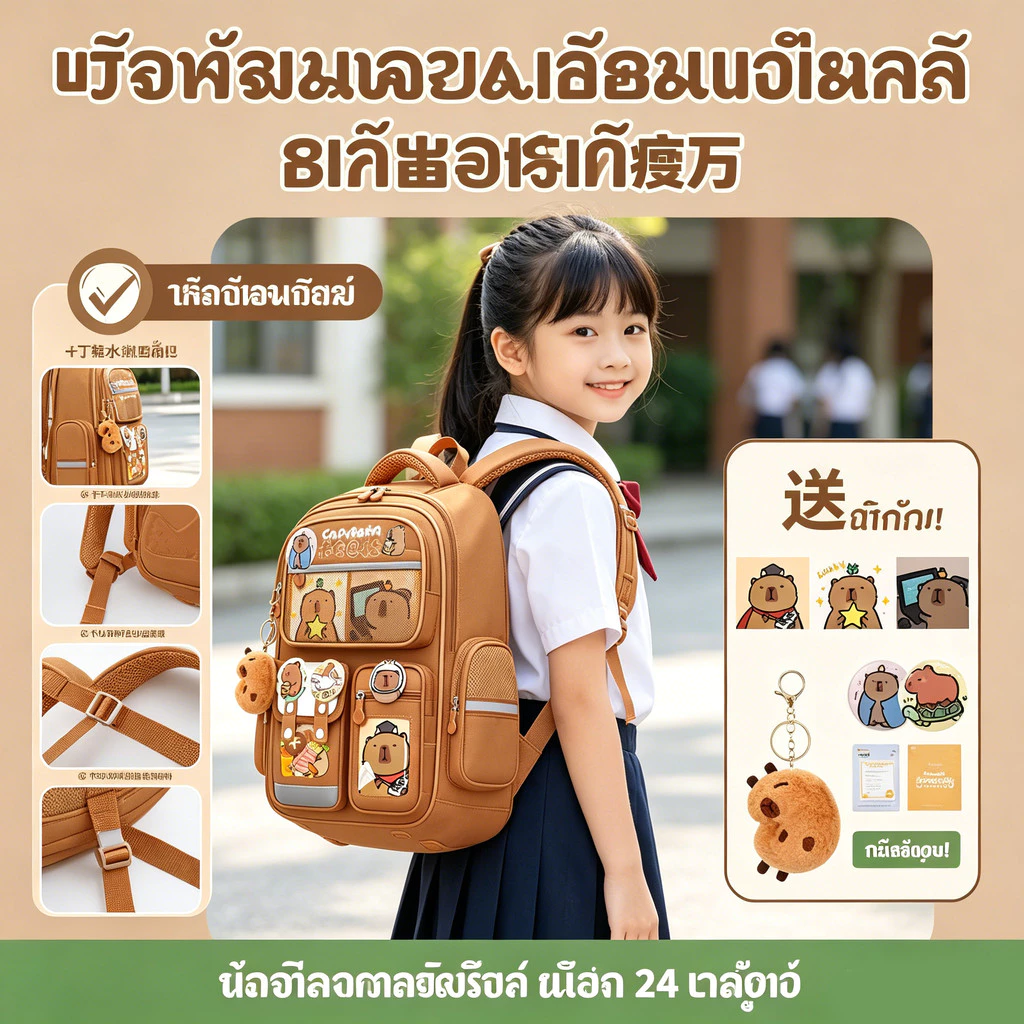 กระเป๋าเป้คาปิบาระ สำหรับเด็กชาย-หญิง ป.1-ม.1 ลดภาระหลัง กันน้ำได้ ใส่ของได้เยอะ พร้อมส่ง แถมของแถม