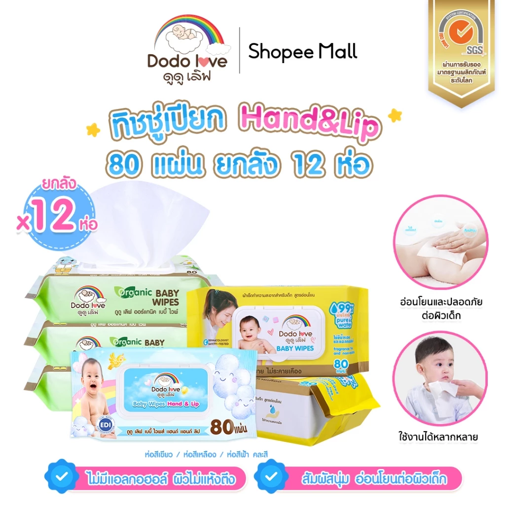 [ยกลัง12] DODOLOVE ทิชชู่เปียก Baby Wipes ผ้าเช็ดทำความสะอาดสำหรับเด็ก...